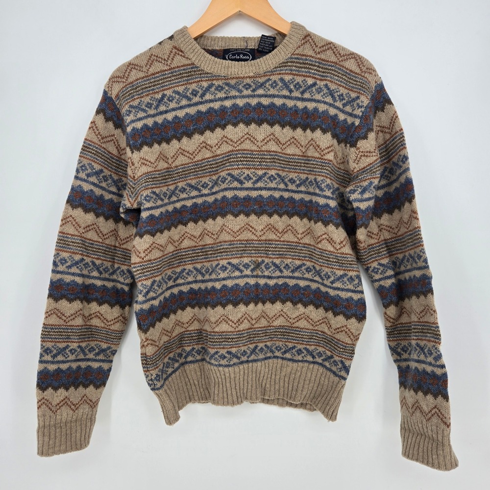 Vtg 100% Shetland Wool Mens M Hand-Framed Sweater Fair Isle Cozy Fall Winter